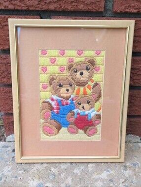 Framed Pink & Beige Teddy Bear Cross-Stitch Wall Art